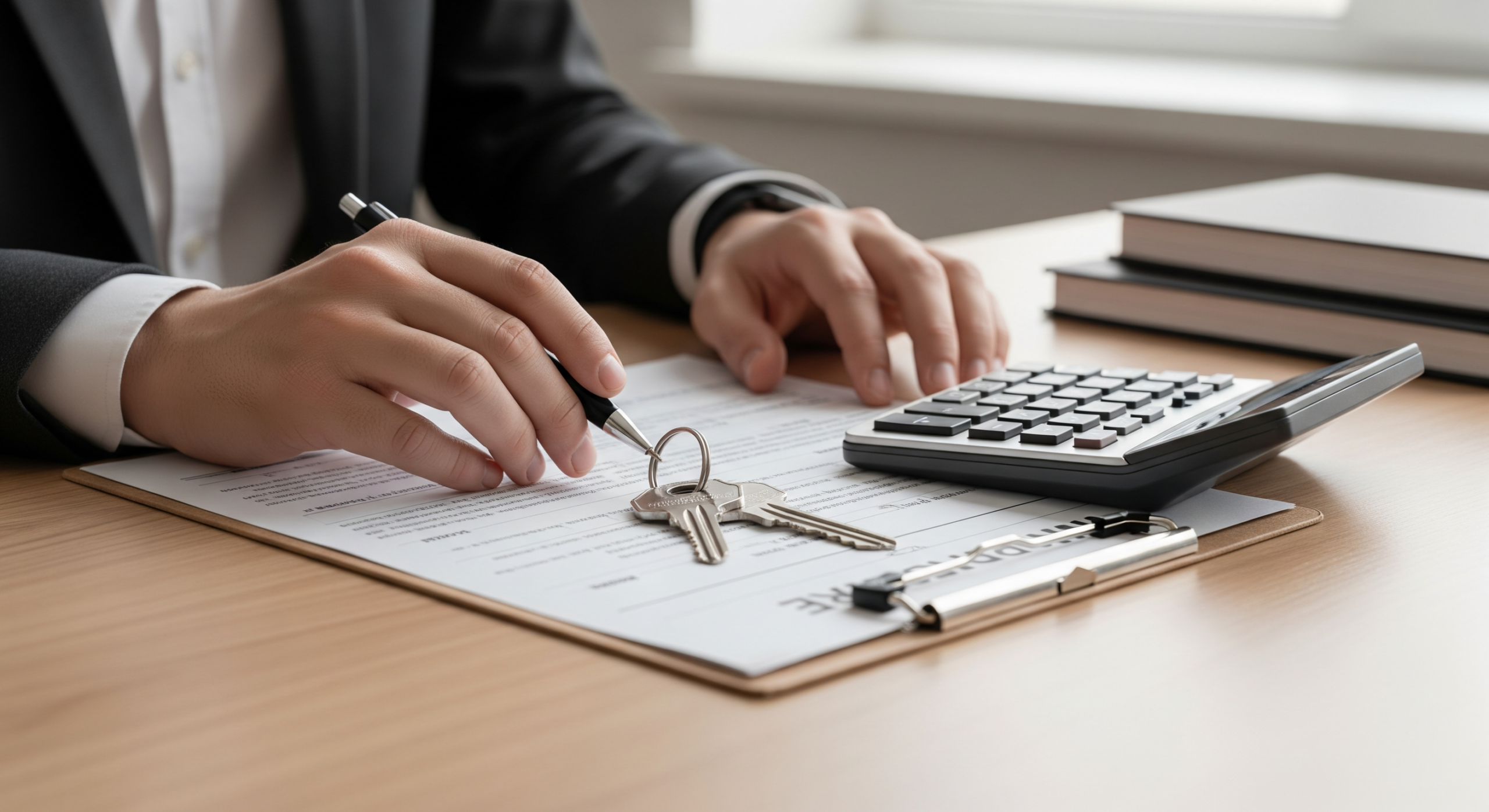 Home purchase documents with calculator and keys on a desk