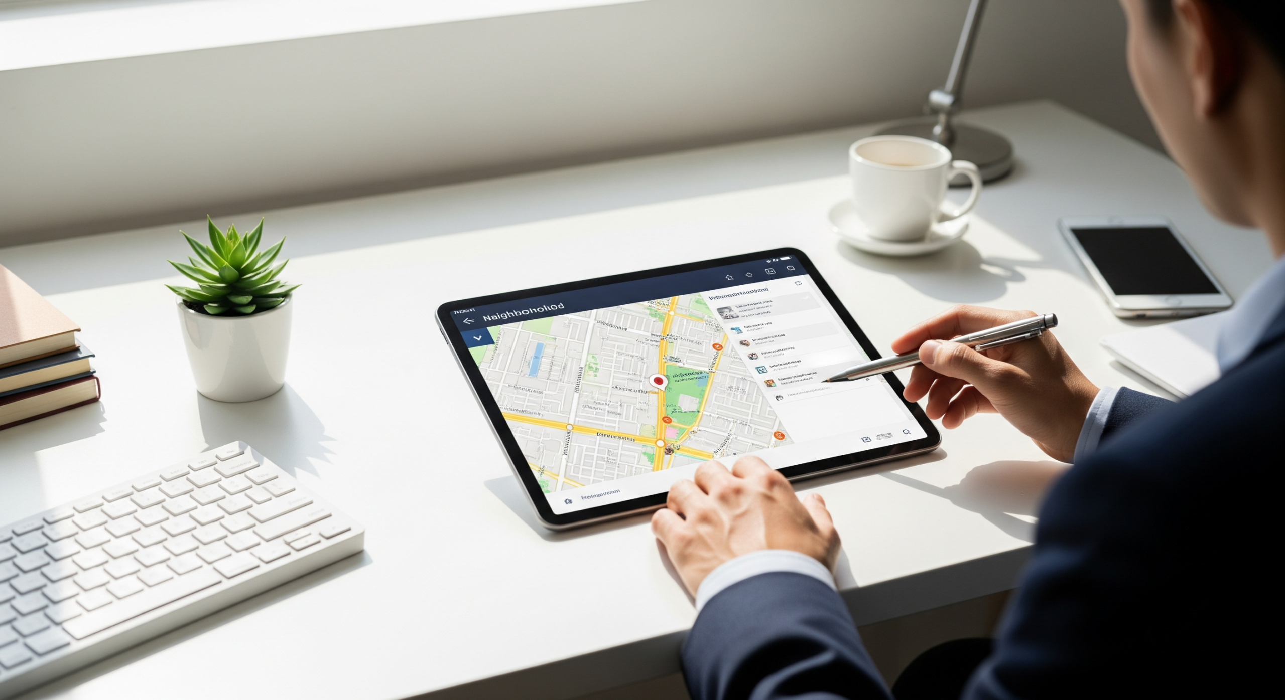Person reviewing a neighborhood map on a tablet