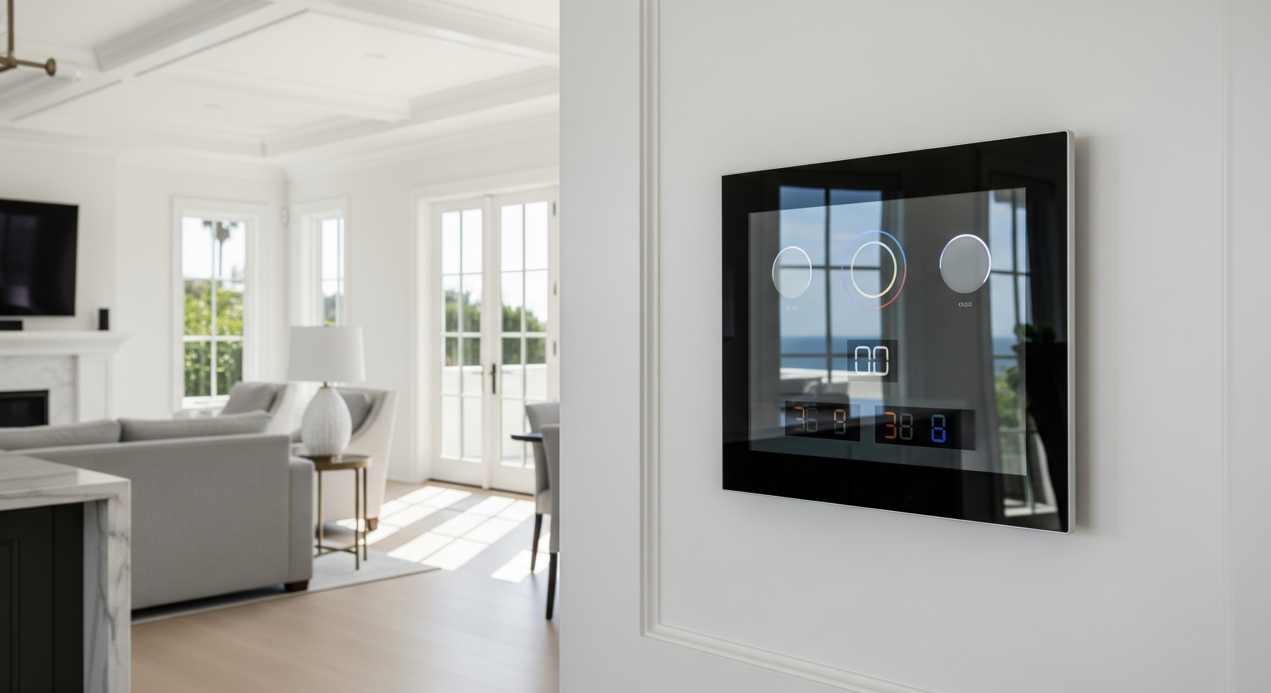 Wall-mounted smart lighting control in a modern home interior