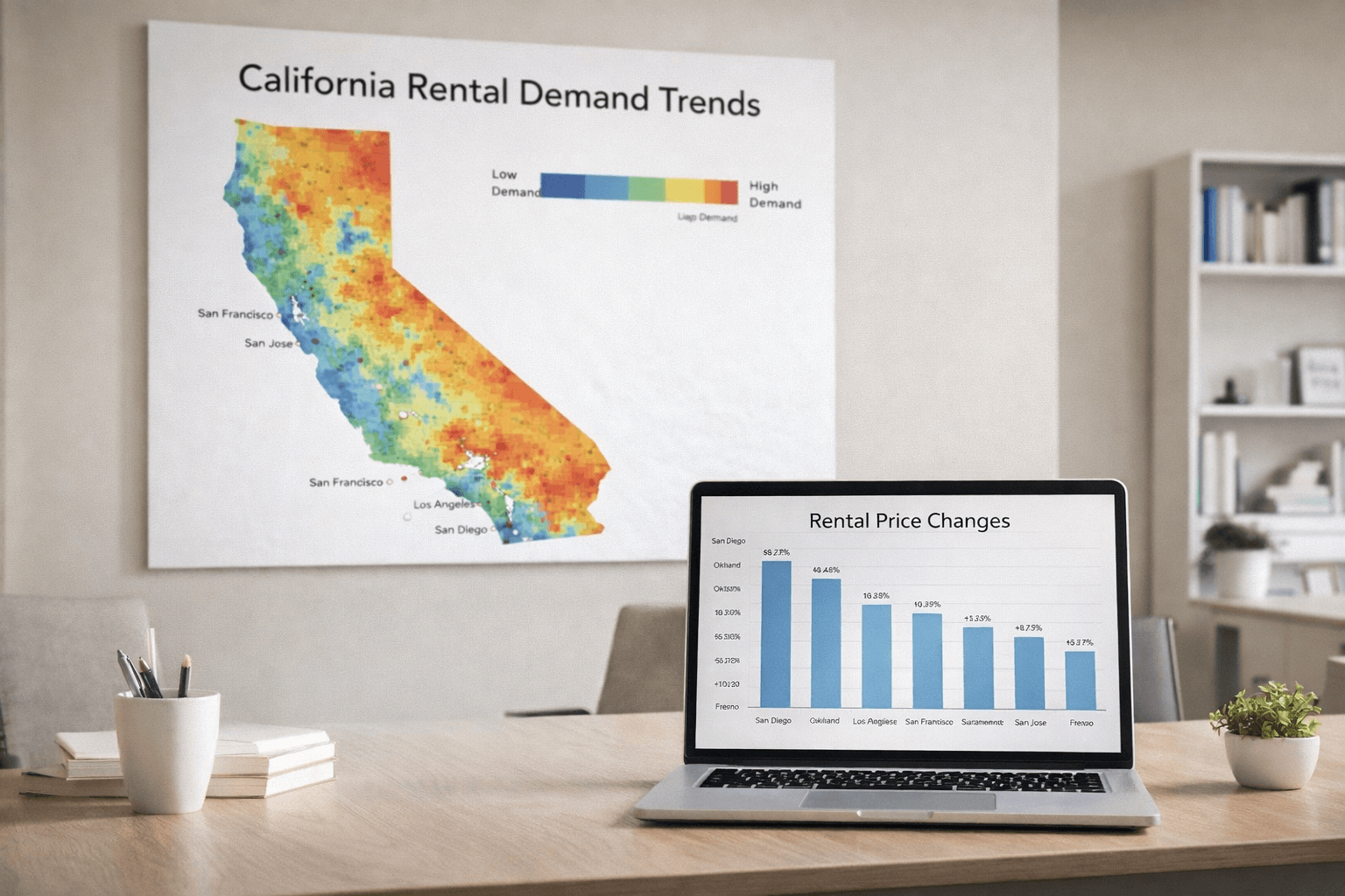 Ali Shariat | Real Estate Group | Top Investment Strategies in California for High Returns in 2026 California rental demand heat map and laptop showing rental price trends