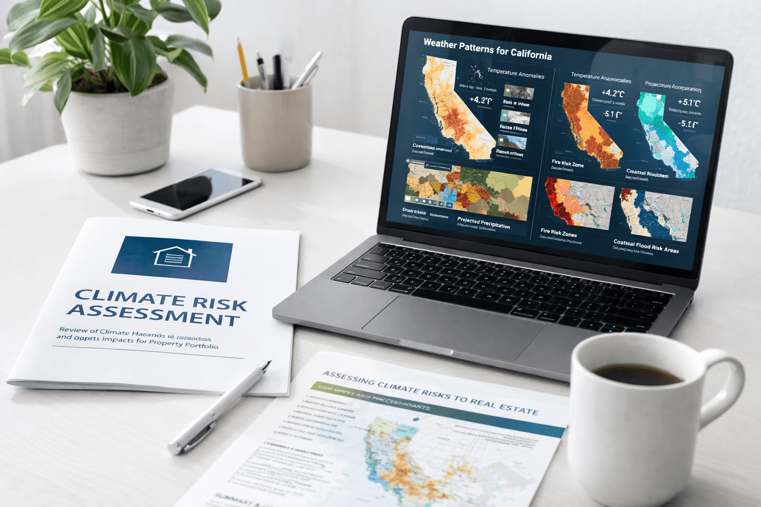 Ali Shariat | Real Estate Group | The Real Benefits of Living in Pasadena Beyond Entertainment and Nightlife Laptop displaying California climate risk maps next to climate risk assessment documents
