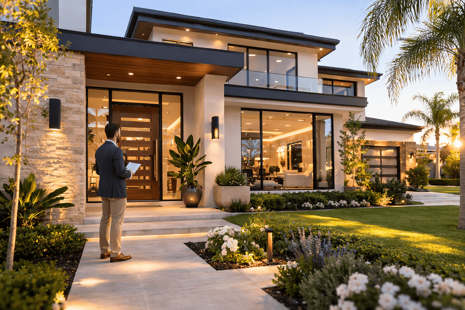 Ali Shariat | Real Estate Group | Mortgage Process Timeline: How Long Does It Really Take to Close on Your Home? Modern luxury home exterior with landscaped garden and lighting at sunset
