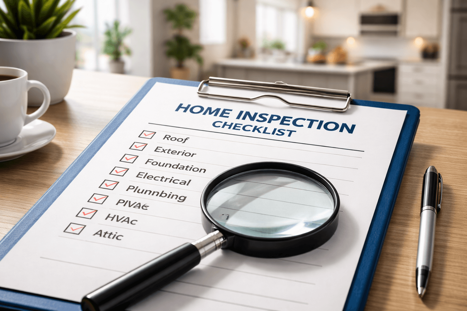 Ali Shariat | Real Estate Group | Smart Lighting Solutions & Features for Luxury Homes in Corona Del Mar, CA Home inspection checklist with magnifying glass on a clipboard