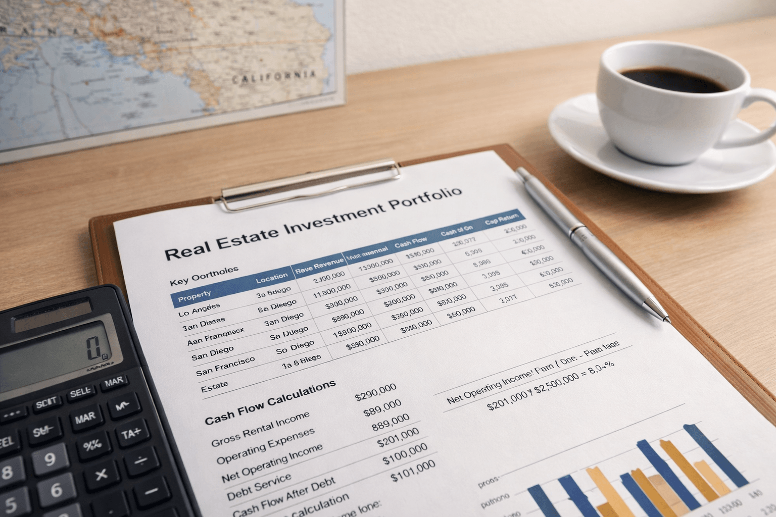 Ali Shariat | Real Estate Group | Cheaper Places to Live in California for First-Time Homebuyers and Renters Real estate investment portfolio spreadsheet with calculator and coffee