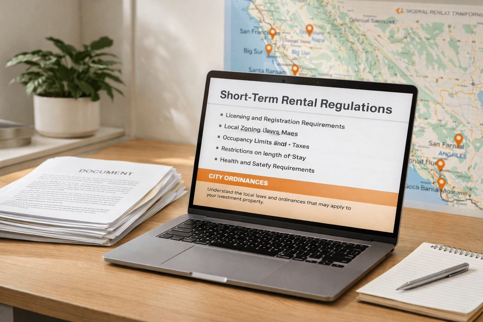 Ali Shariat | Real Estate Group | Where Santa Ana Luxury Homes Are Emerging and What High-End Buyers Should Watch Laptop displaying short-term rental regulations with a California map in the background