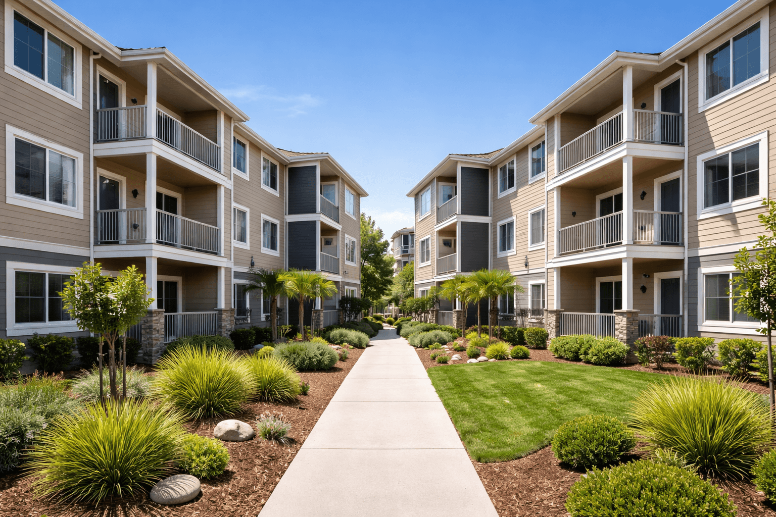 Modern apartment buildings with landscaped walkway and greenery