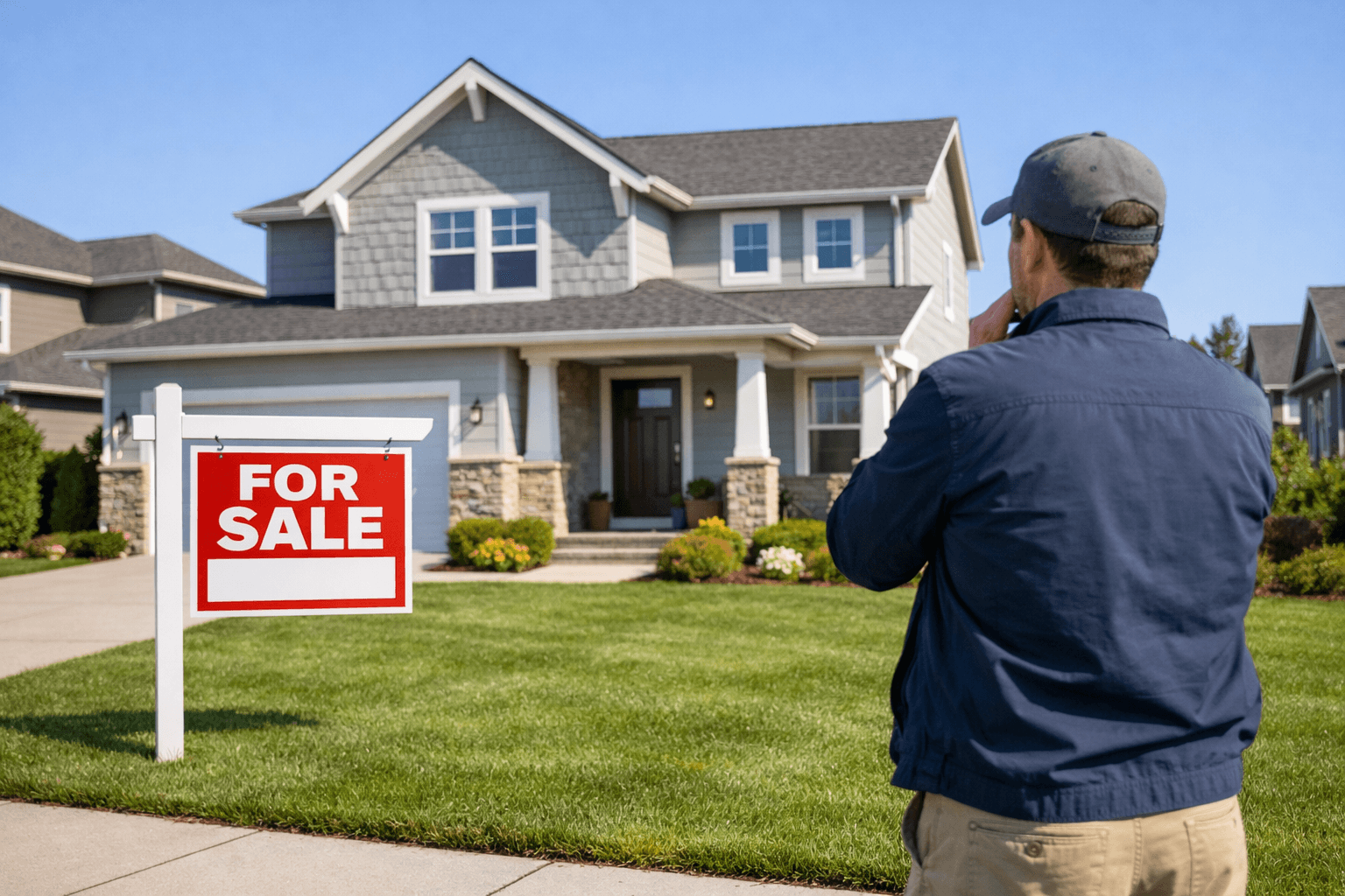 Buyer looking at house with for sale sign in front yard