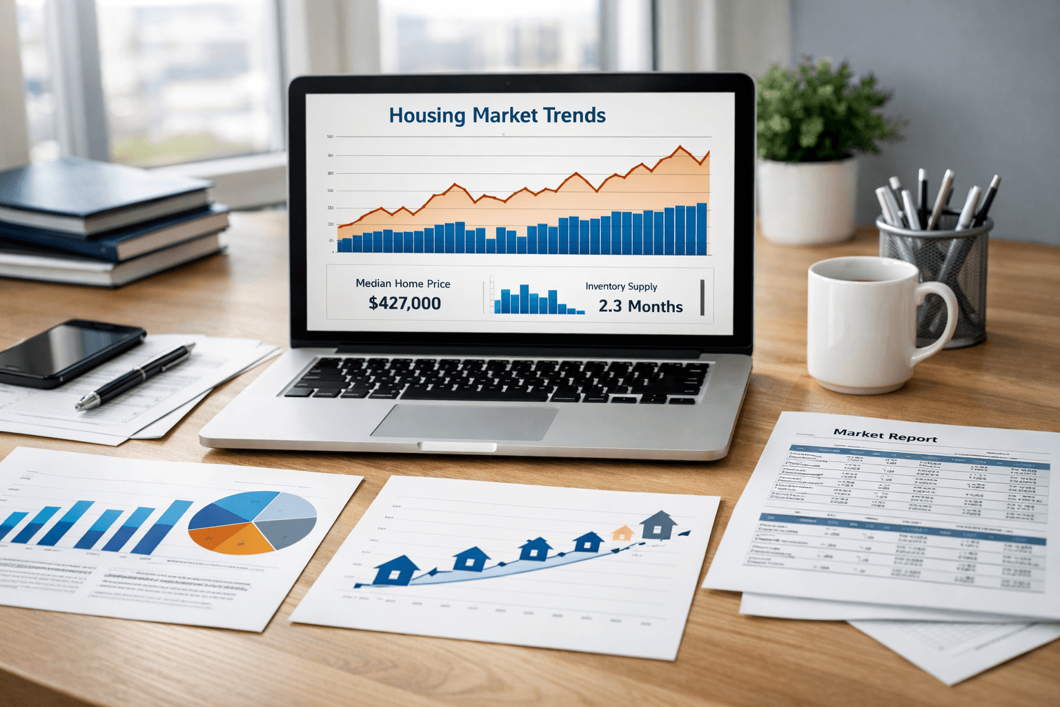 Laptop displaying housing market trends with charts and reports on desk
