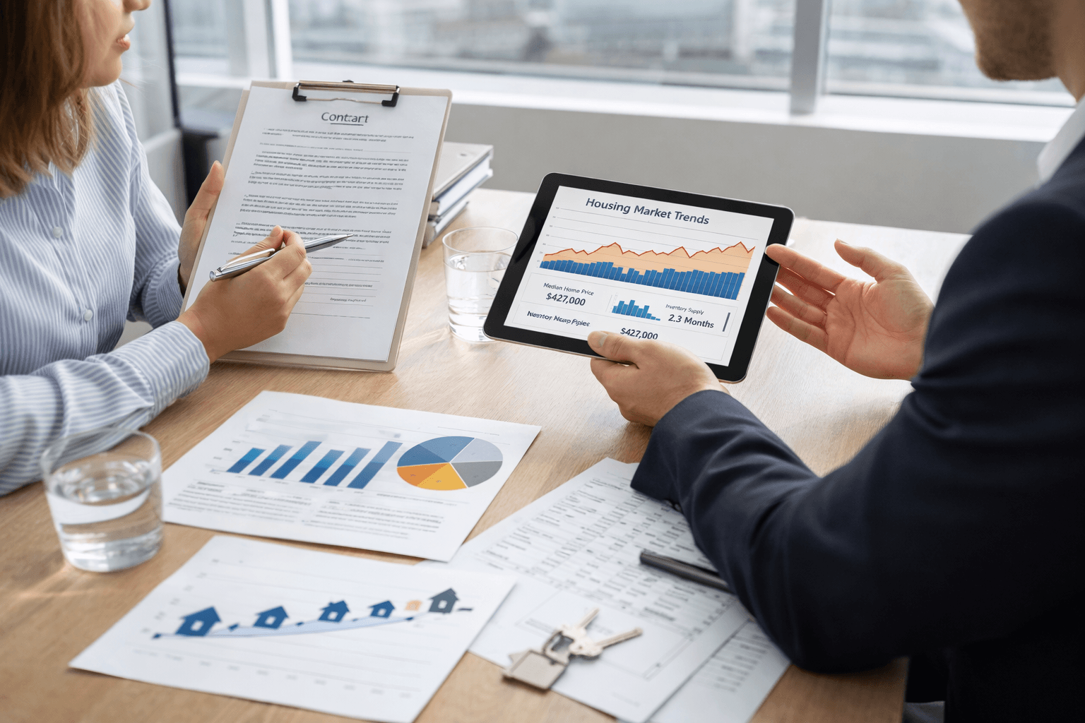 Real estate agent reviewing housing market trends on tablet with client
