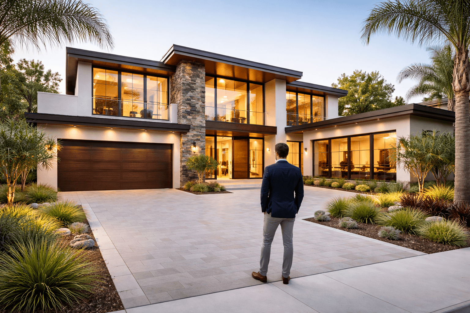 Modern luxury home exterior with large windows and landscaped driveway