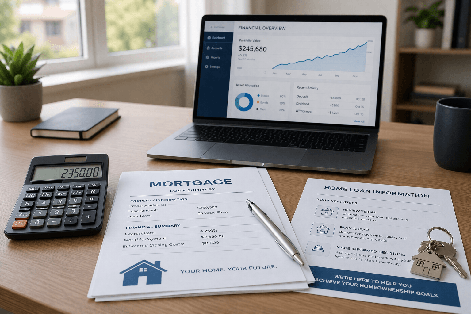 Mortgage documents with calculator and financial overview on laptop