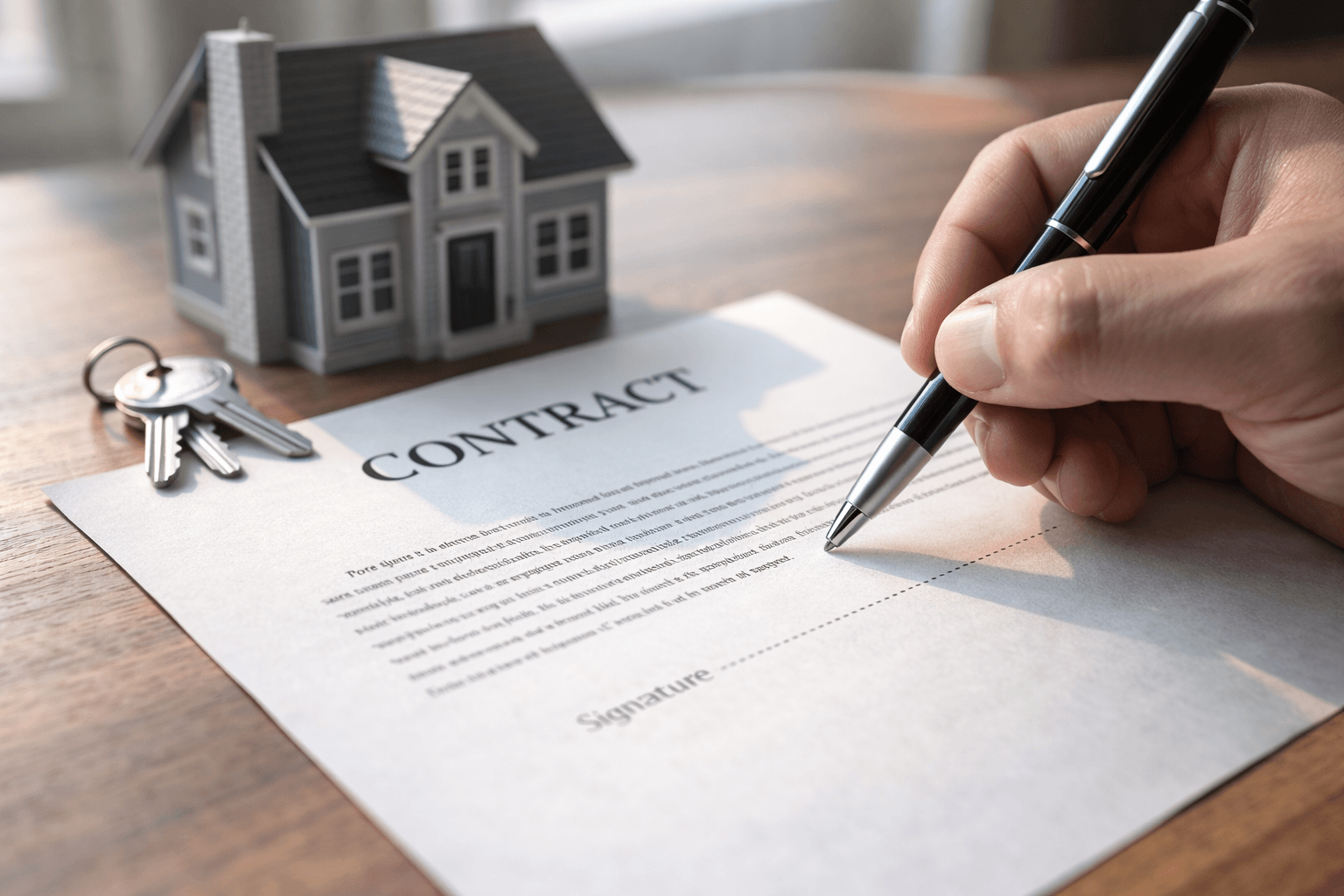 Hand signing real estate contract with house model and keys nearby