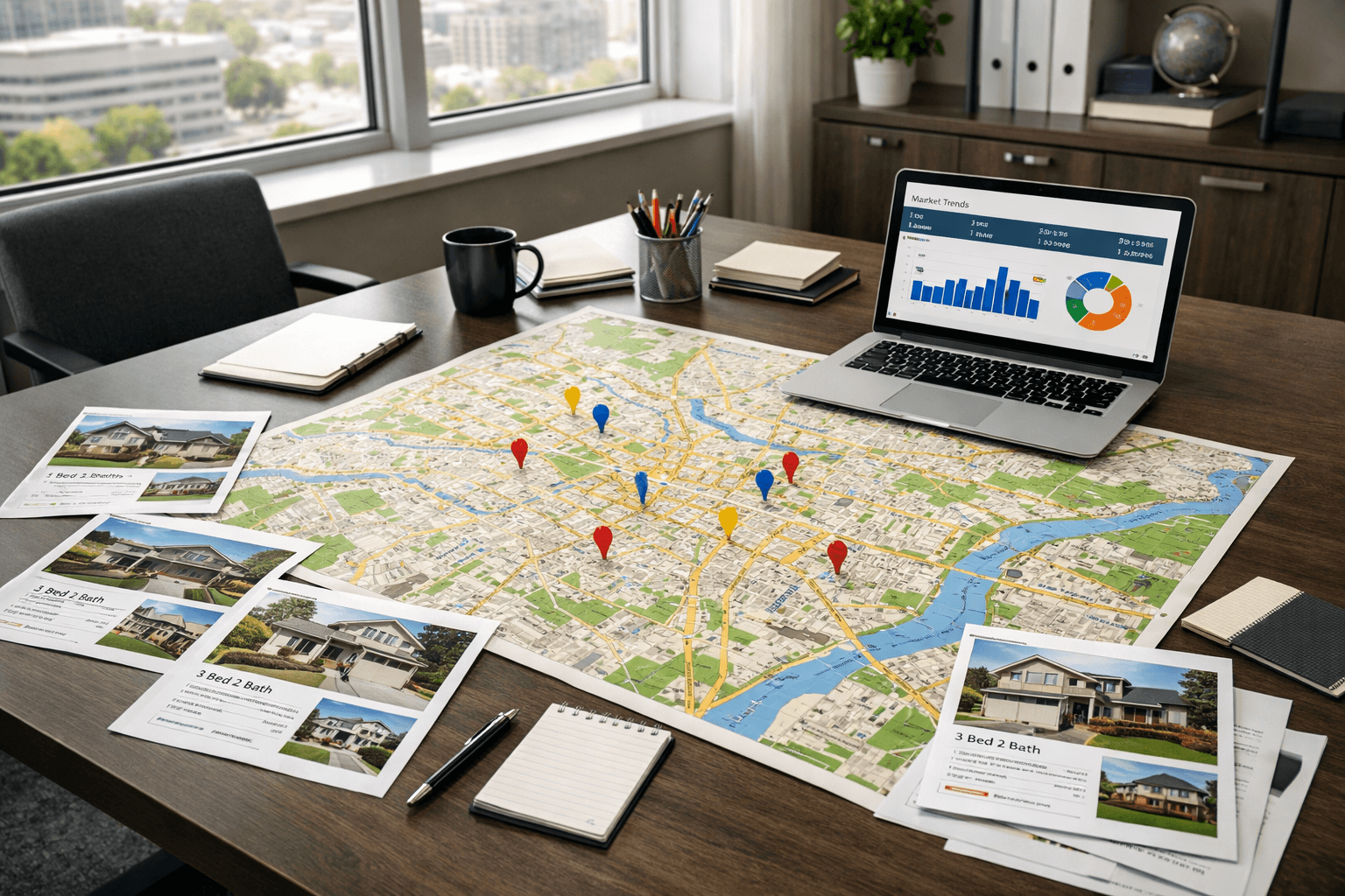 Map with property location markers and real estate listings on desk