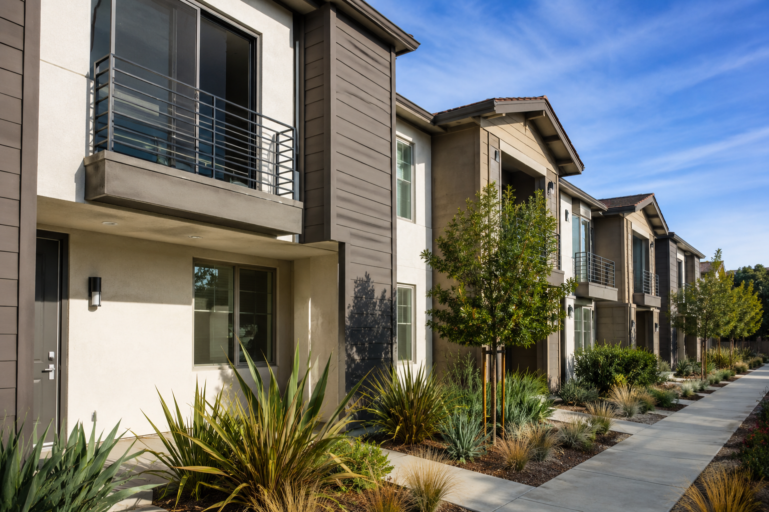 Modern luxury townhomes with contemporary architecture and landscaped walkways