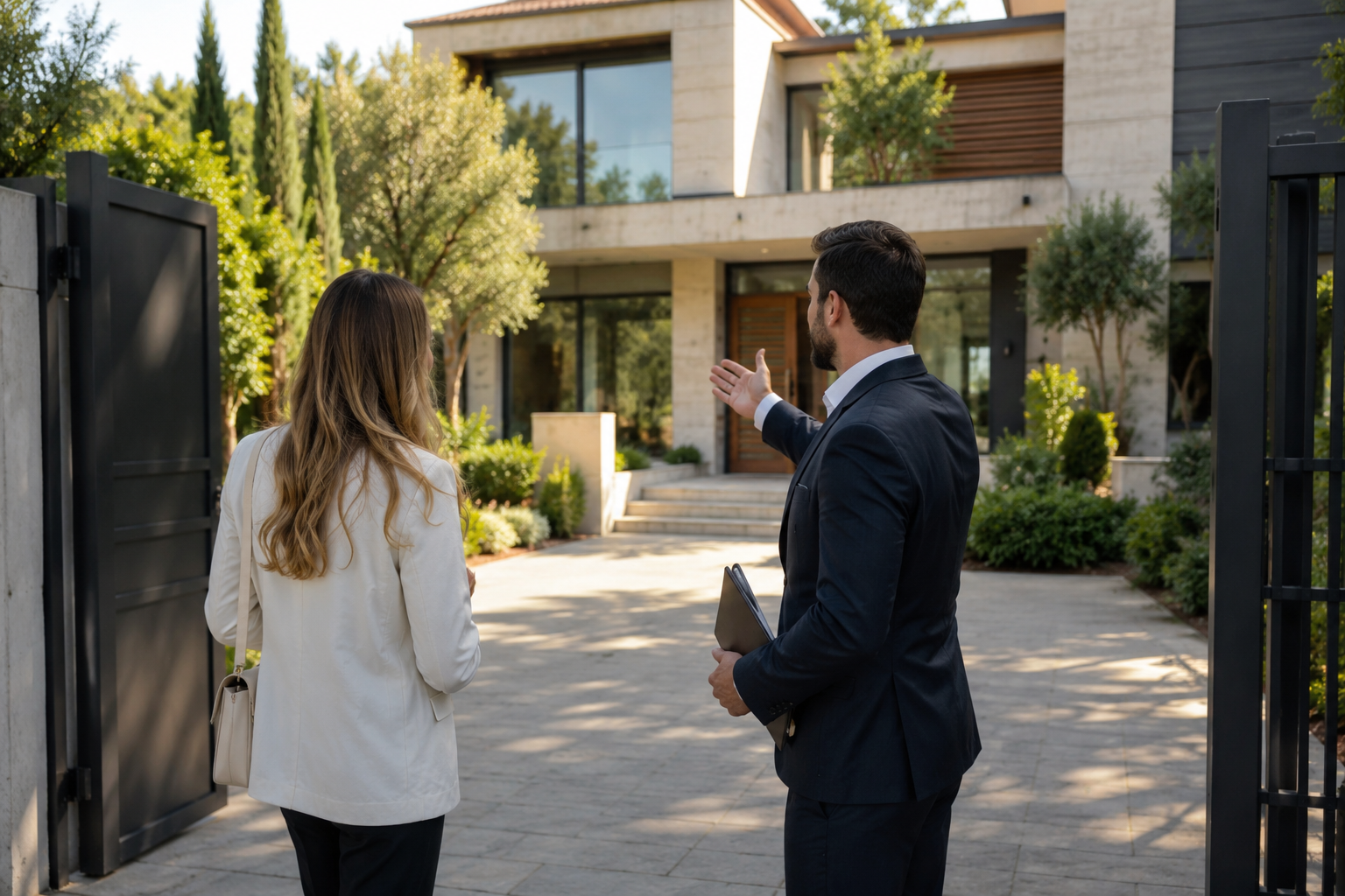 Ali Shariat | Real Estate Group | How Buyers Find Off-Market Luxury Homes Before They Reach the Market Luxury real estate agent showing an exclusive modern home to a buyer