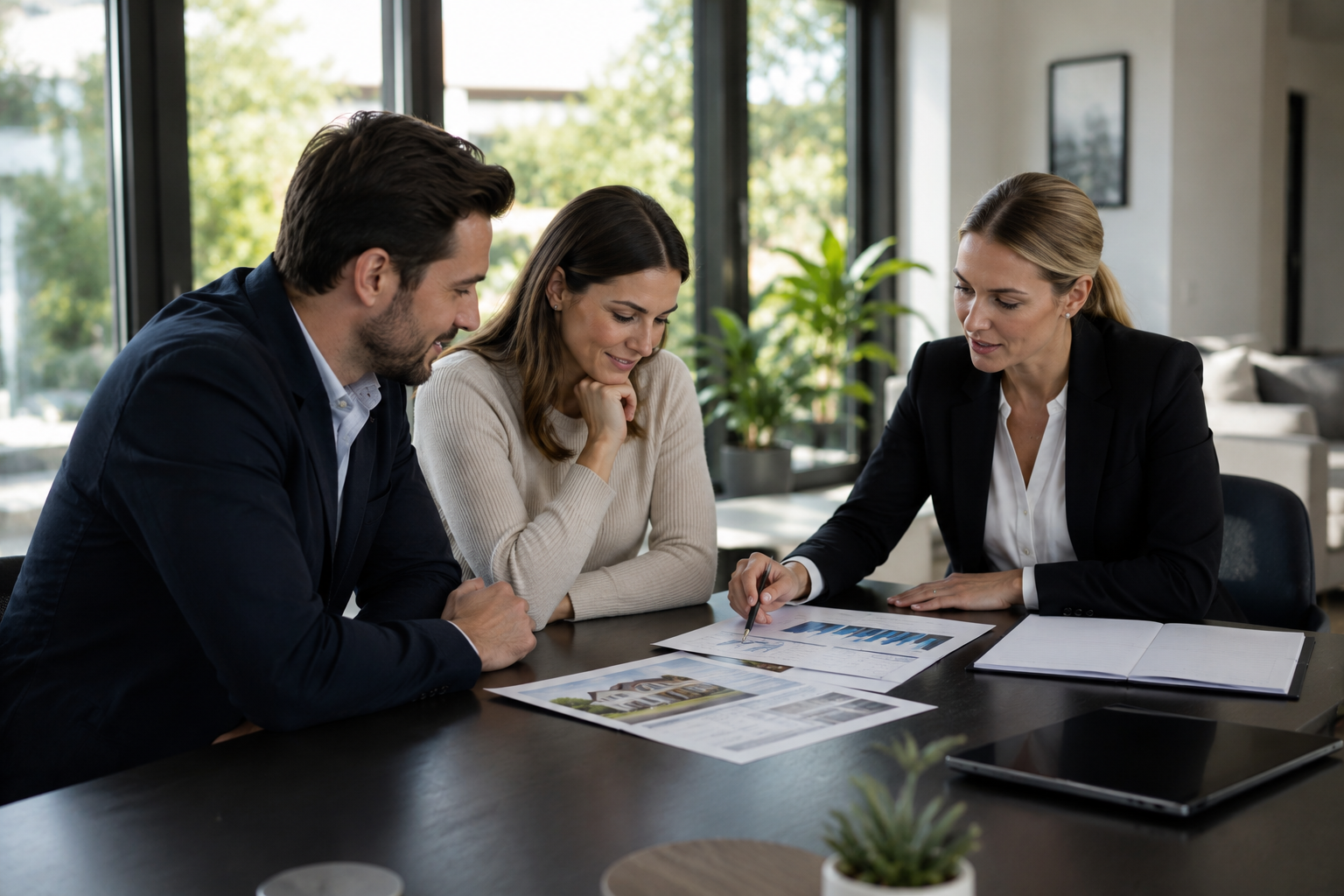 Real estate agent meeting with buyers to discuss home purchase details