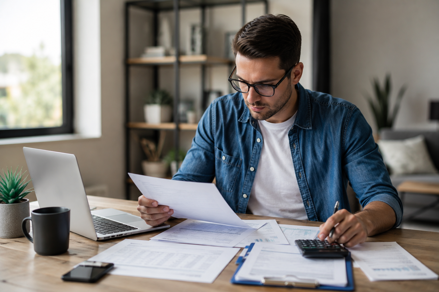 Real estate investor reviewing financial paperwork and calculating property expenses