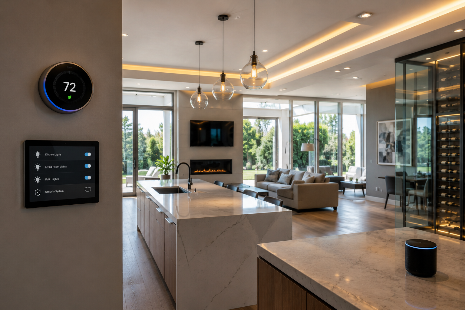 Luxury home kitchen with smart lighting and modern open living space