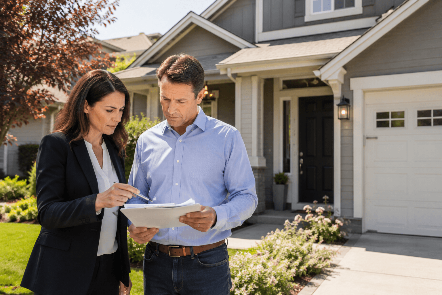 Ali Shariat | Real Estate Group | When It Makes Sense to Walk Away From a Real Estate Deal Homebuyer reviewing property documents with a real estate professional outside a residential home