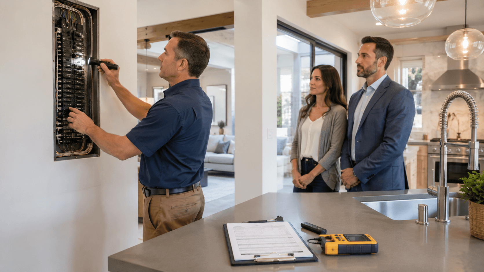 Ali Shariat | Real Estate Group | Home Inspection Checklist: What Buyers Should Look for Before Closing Home inspector checking an electrical panel while buyers observe.