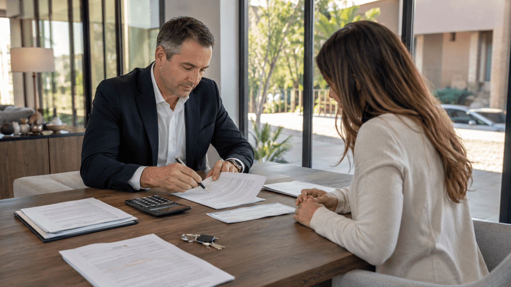 Mortgage consultant explaining financing documents and loan options to a client.