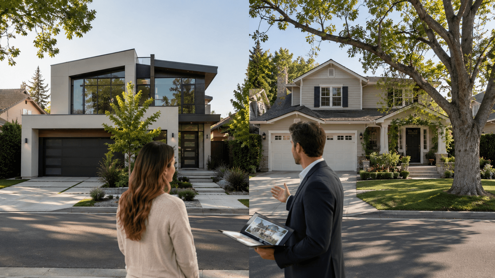 Ali Shariat | Real Estate Group | Should You Buy a New Construction Home or a Resale Property? Realtor showing a luxury ocean-view home to prospective buyers.