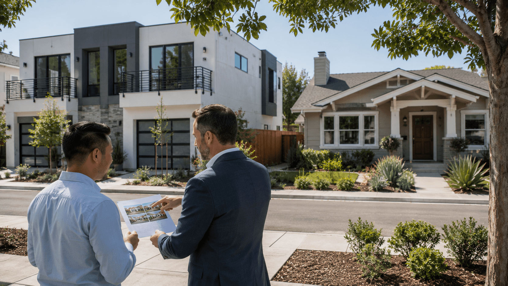 Ali Shariat | Real Estate Group | Should You Invest in a Duplex or Single-Family Rental Property in California? Real estate professionals comparing modern and traditional homes with a buyer.