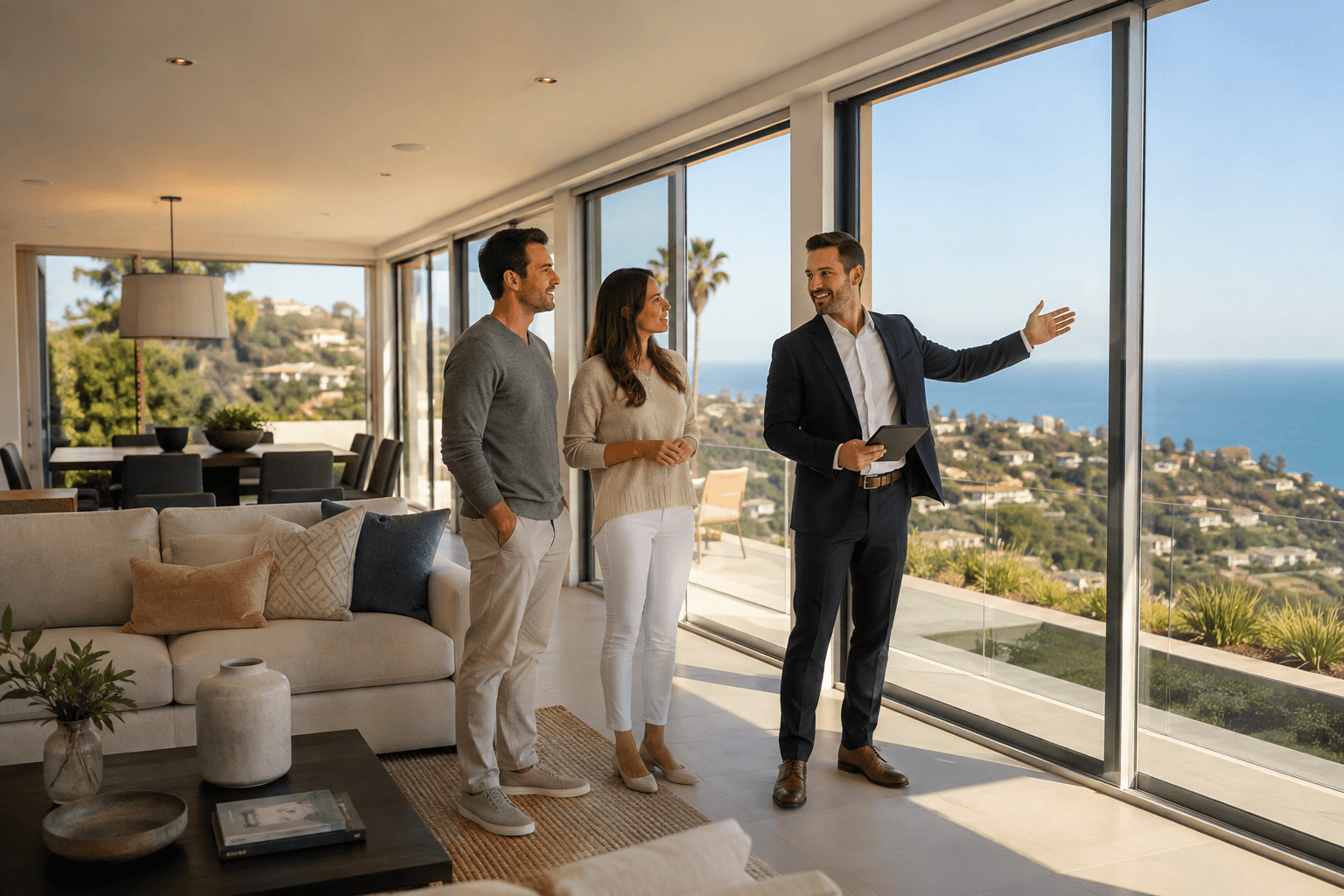 Real estate agent showing a luxury coastal home to prospective buyers.