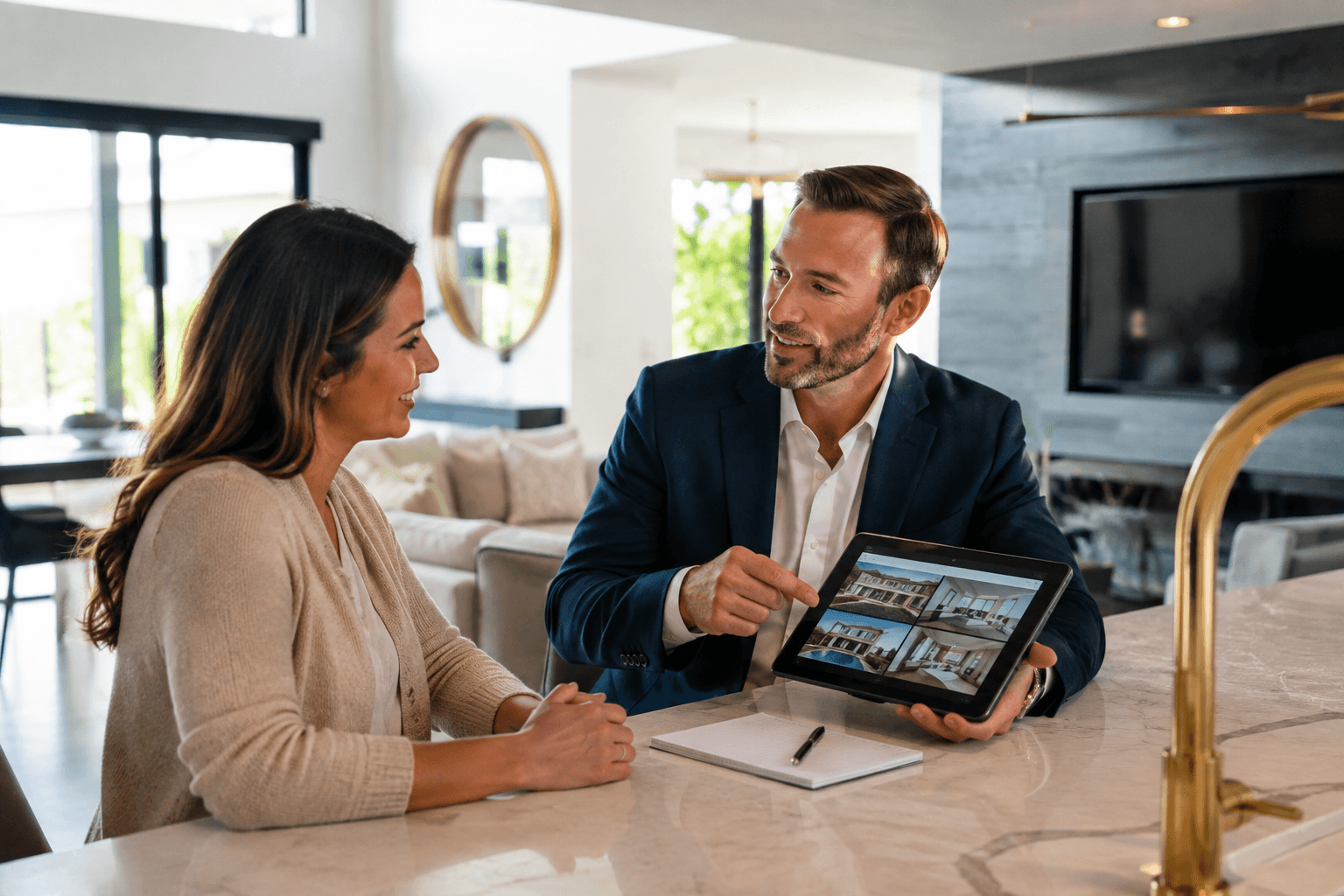 Ali Shariat | Real Estate Group | How Do You Choose the Right Listing Agent to Sell Your Home? Real estate agent showing property listings to a prospective buyer on a tablet.