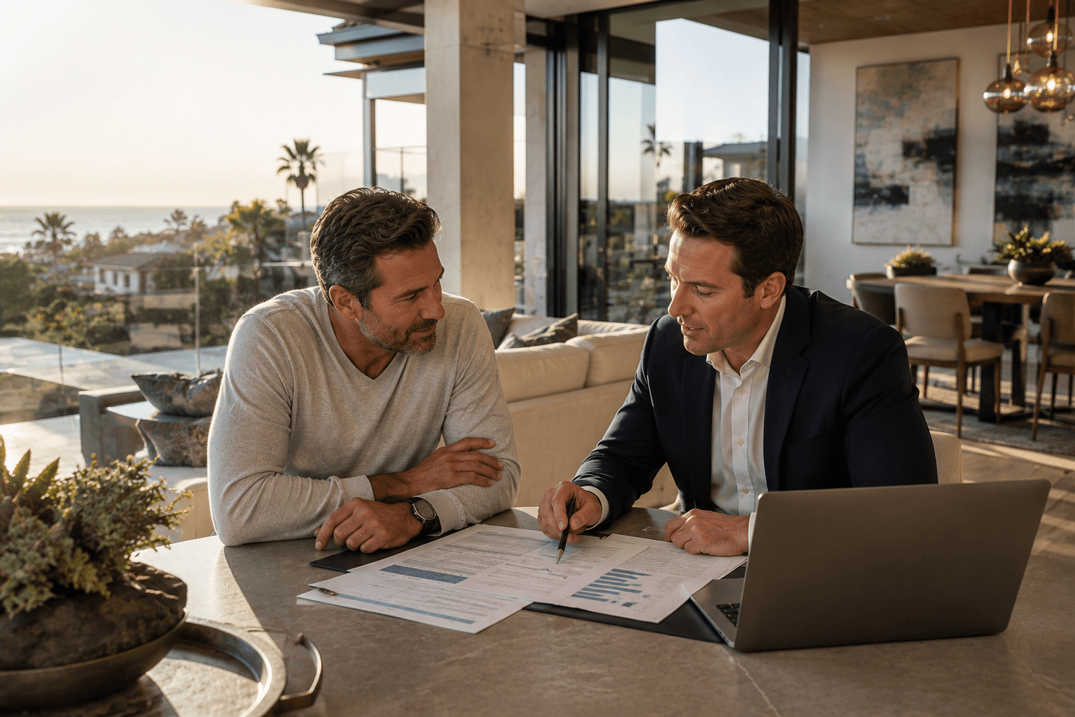 Ali Shariat | Real Estate Group | How Is Financing a Luxury Home in California Different From a Traditional Mortgage? Real estate advisor reviewing financial documents with a client in a modern luxury home.