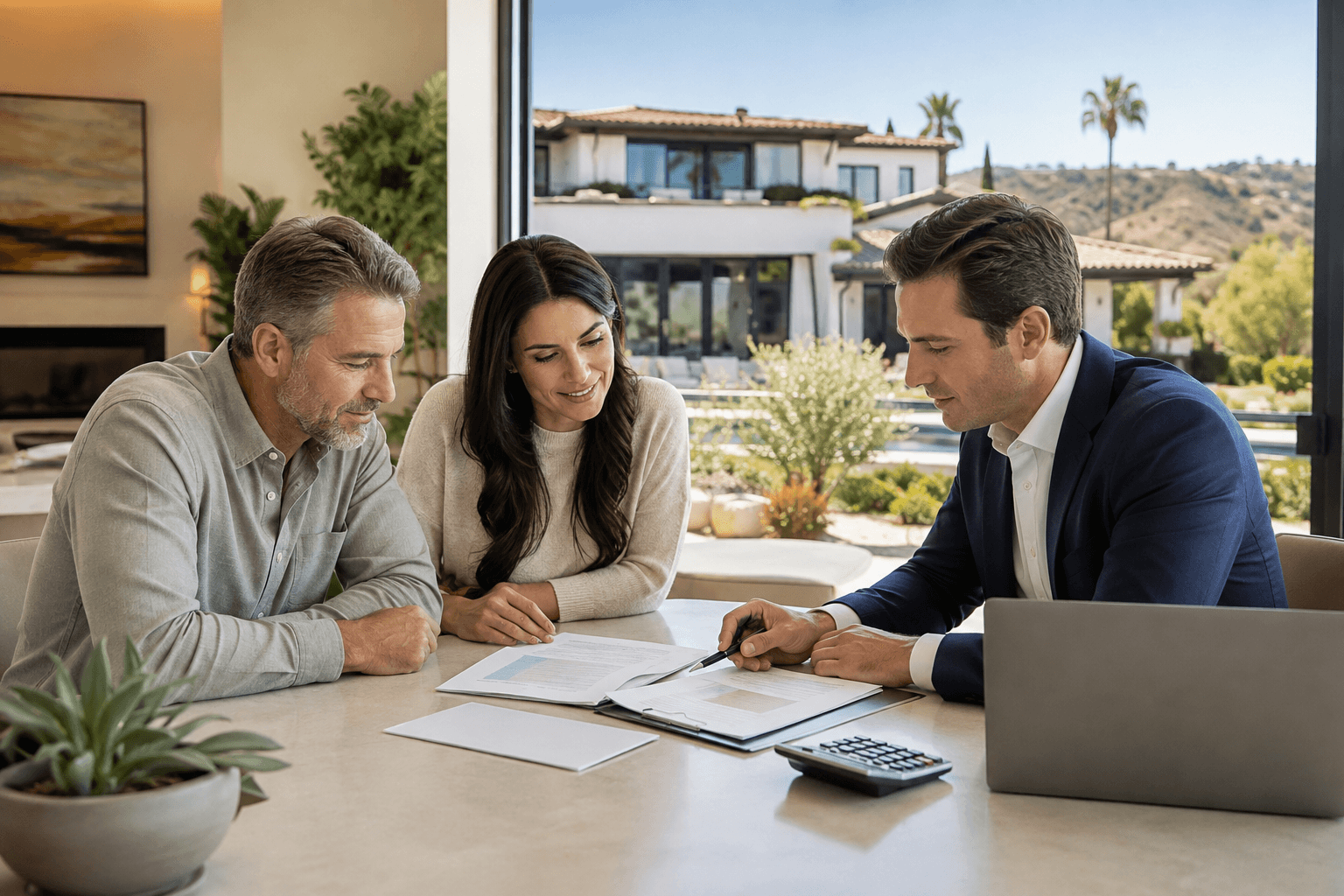Ali Shariat | Real Estate Group | What Are the Requirements for a Jumbo Loan in California? Real estate advisor reviewing financing documents with prospective homebuyers.