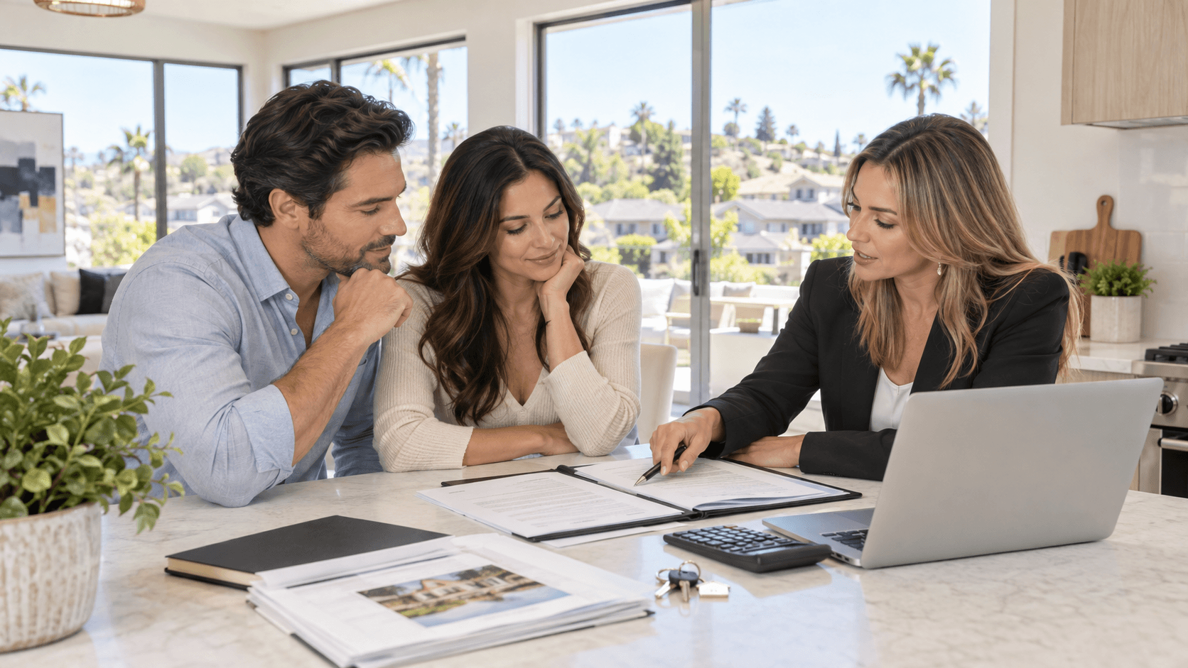 Couple reviewing home buying documents with a real estate professional in a modern home.