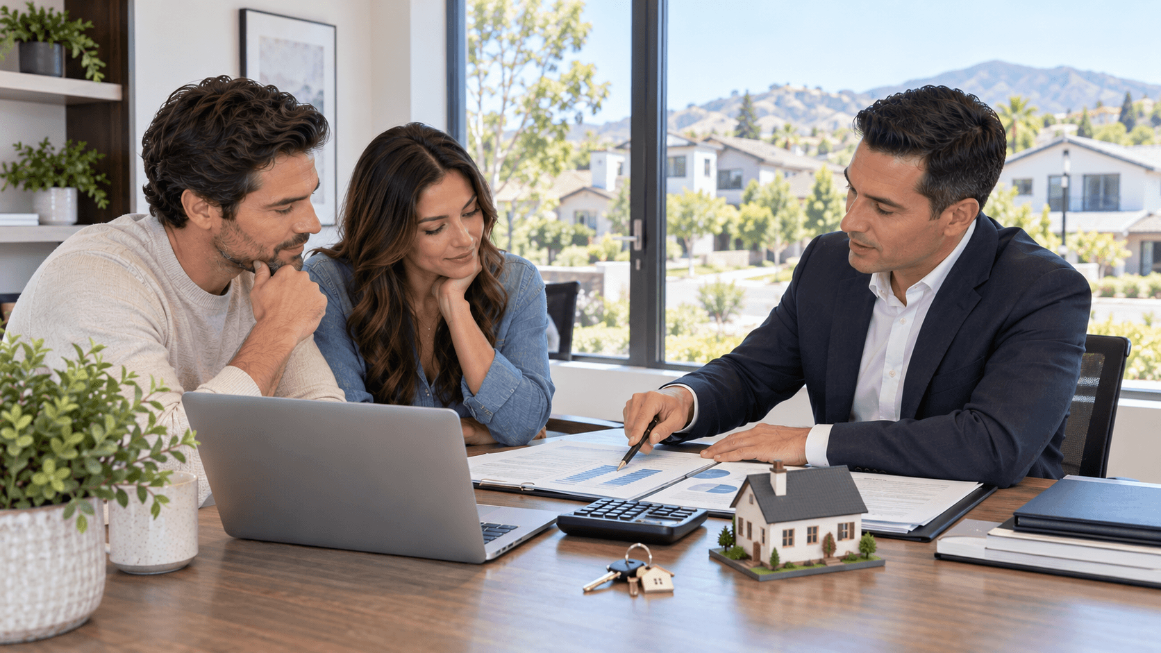 Couple reviewing home buying finances with a real estate advisor in a modern office.
