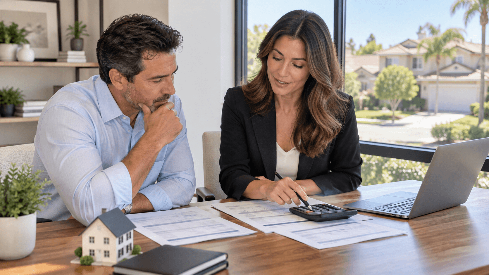 Real estate professional reviewing home purchase costs with a man using a calculator.