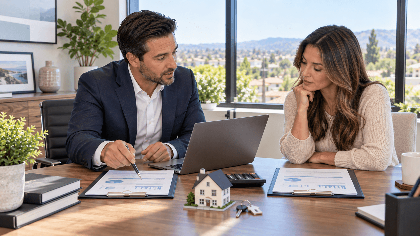 Real estate advisor explaining property investment charts to a woman at a desk.