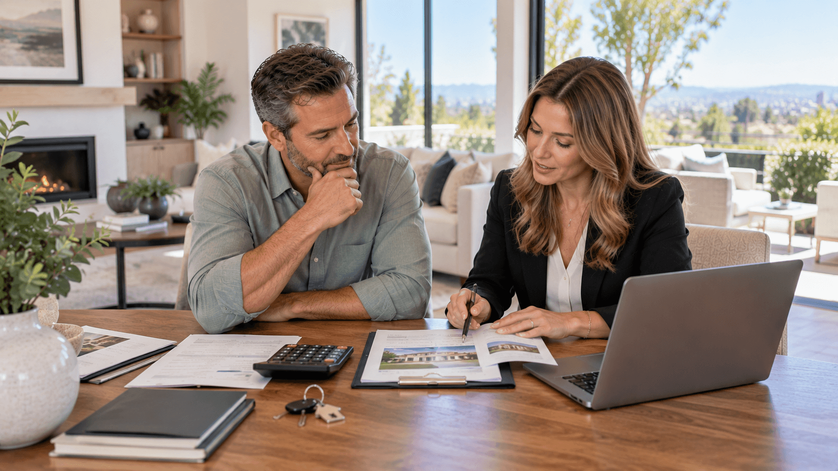 Real estate professional reviewing property purchase documents with a man at a table.