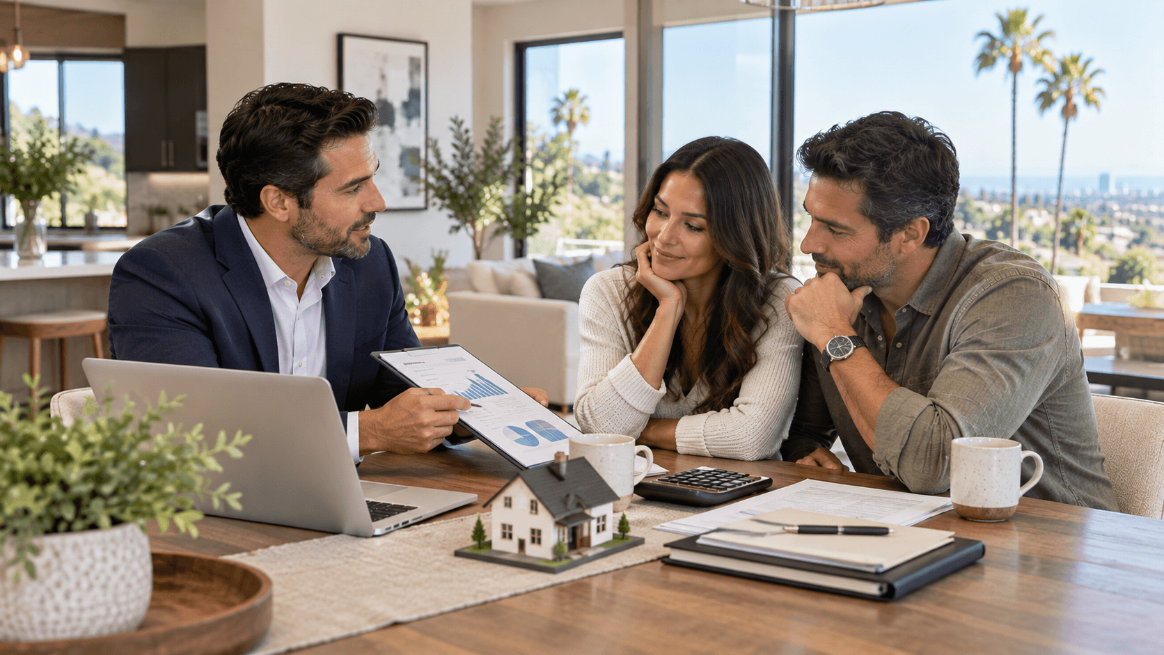 Real estate professional presenting financial charts to two clients in a modern home.