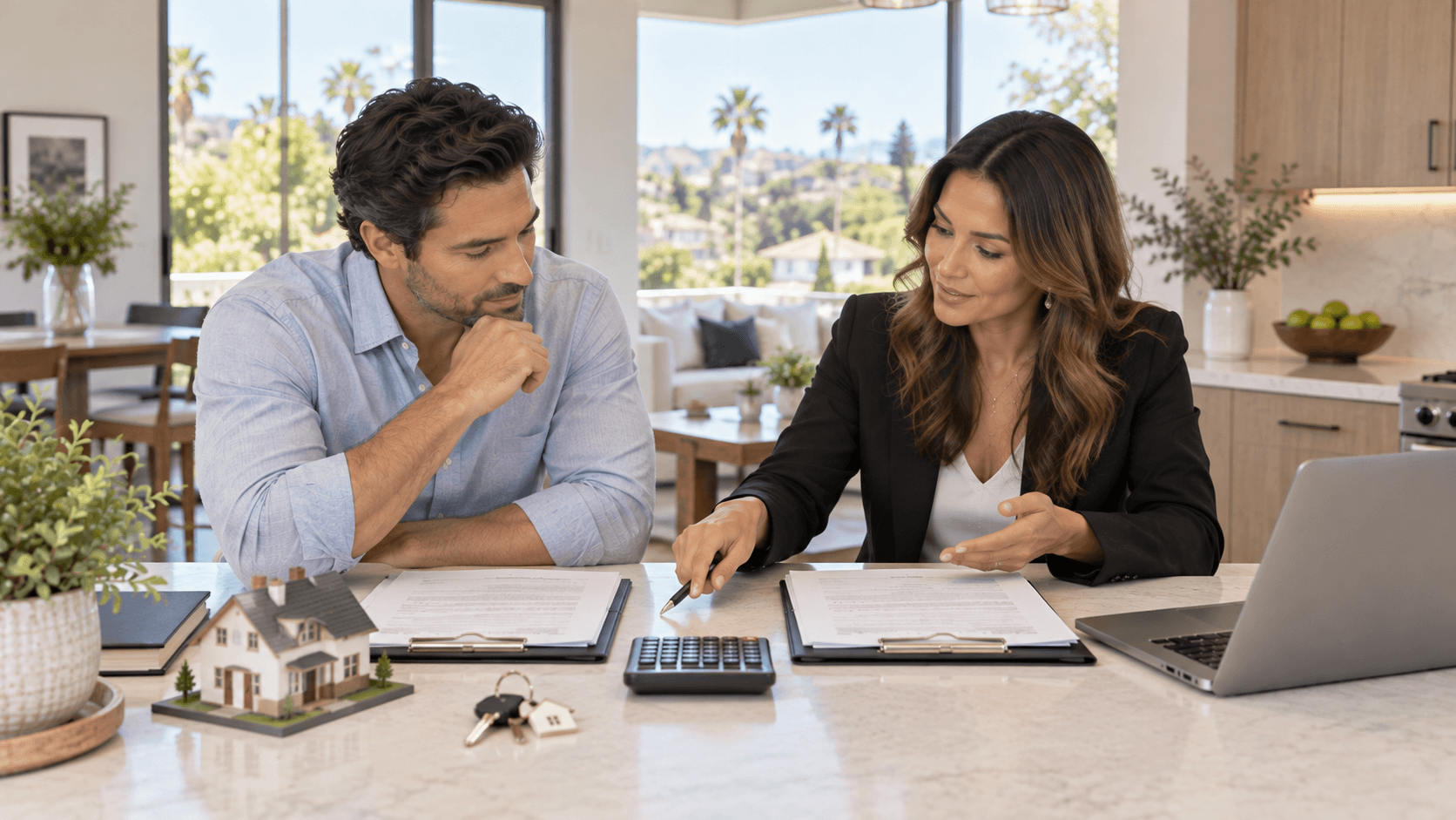 Real estate professional discussing financing documents with a man in a modern home.